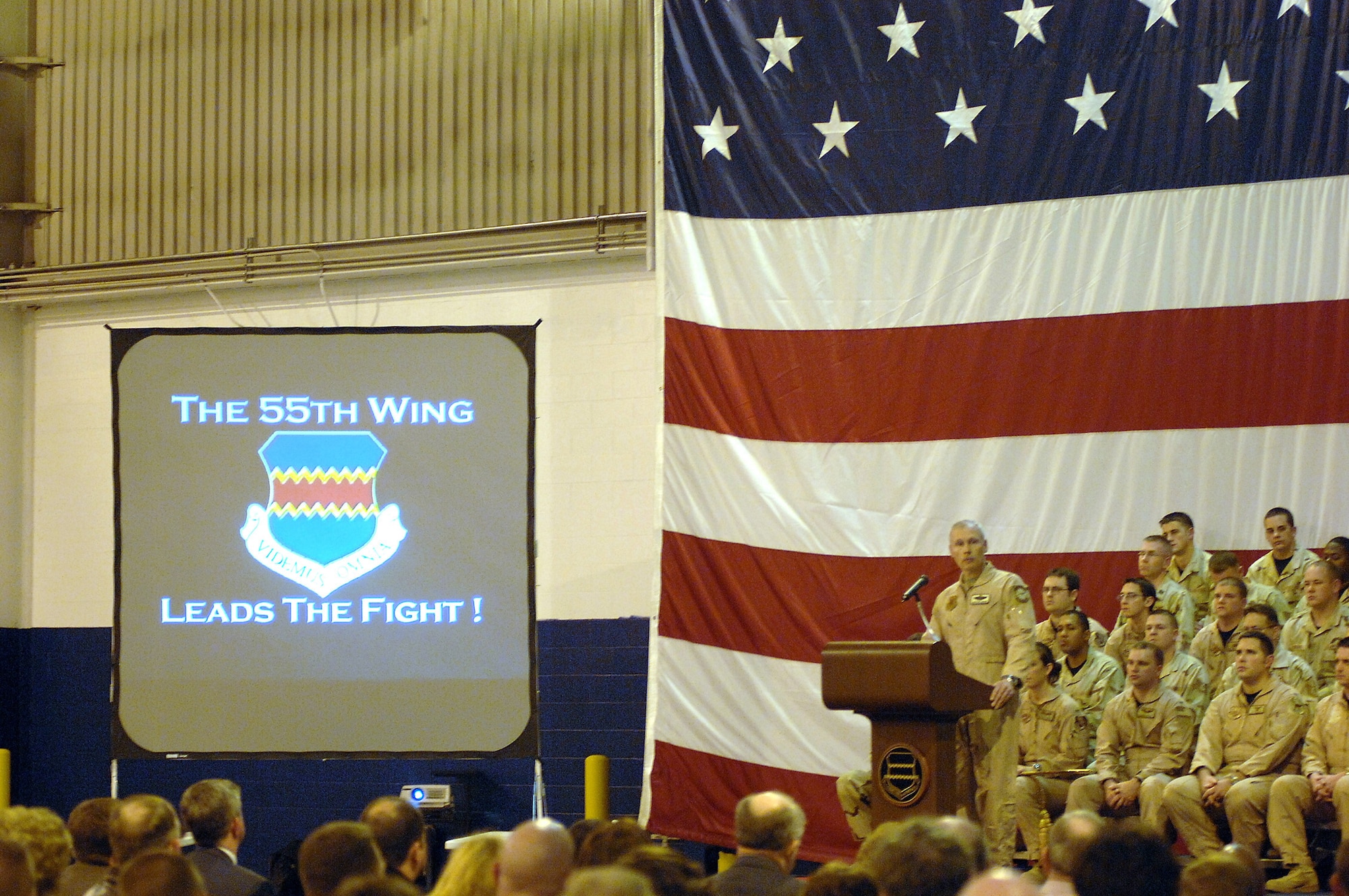 55th Wing Commander Brig. Gen. Jonathan George addresses those gathered in commemoration of the wing’s 6,000th continuous day of serving in harm’s way in the Middle East. U.S. Air Force Photo by Daniel J. Rohan Jr.