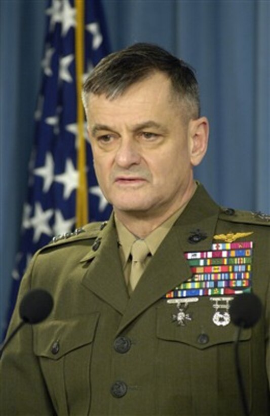 Deputy Commandant for Programs and Resources Lt. Gen. Emerson N. Gardner Jr., U.S. Marine Corps, responds to a reporter's question regarding reserve force mobilizations during a Pentagon press briefing on Jan.19, 2007.  Gardner joined Under Secretary of Defense for Personnel and Readiness David Chu and Lt. Gen. Stephen M. Speakes, U.S. Army, in explaining the new policies regarding mobilizations instituted by Secretary of Defense Robert M. Gates.  