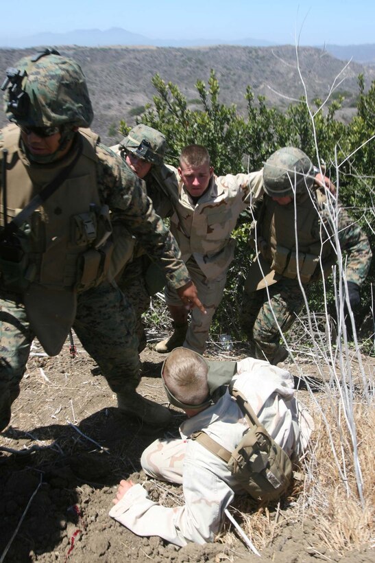 FIRE BASE GLORIA, MARINE CORPS BASE CAMP PENDLETON, Calif. ?Marines with Weapons Company, Battalion Landing Team 1st Battalion, 5th Marine Regiment, 11th Marine Expeditionary Unit, from here, participate in a Tactical Recovery of Aircraft and Personnel (TRAP) exercise June 14, here. The Marines with the BLT were engaged with a mock extraction of an Army Special Operations team. The training was provided by Special Operations Training Group, I Marine Expeditionary Force, from here.