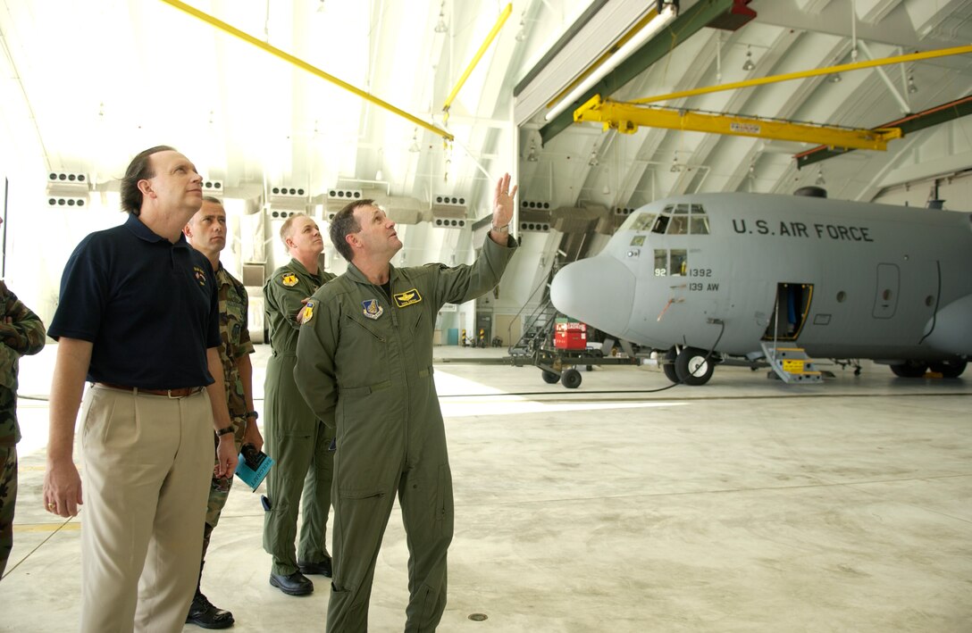 Brig. Gen. Douglas H. Owens gives William C. Anderson a tour of Hangar 1 Jan. 20 during his visit to Andersen Air Force Base, Guam. As assistant secretary of the Air Force, Mr. Anderson heads three division departments that deal at the policy level with Air Force facility and logistical issues. The department's responsibilities include installations, military construction, base closure and realignment; environment, safety and occupational health issues; and all logistical matters. General Owens is the 36th Wing commander. (U.S. Air Force photo/Senior Airman Miranda Moorer) 
