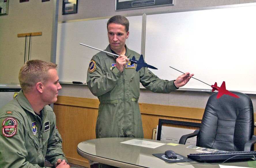 (Photo by Frank McIntyre) 2nd Lt David Sproehnle and Maj Jeff Bakken, 25th Flying Training Squadron, discuss emergency procedures like the one they encountered in August. Major Bakken received an award for his actions and safe landing of the aircraft during their emergency.