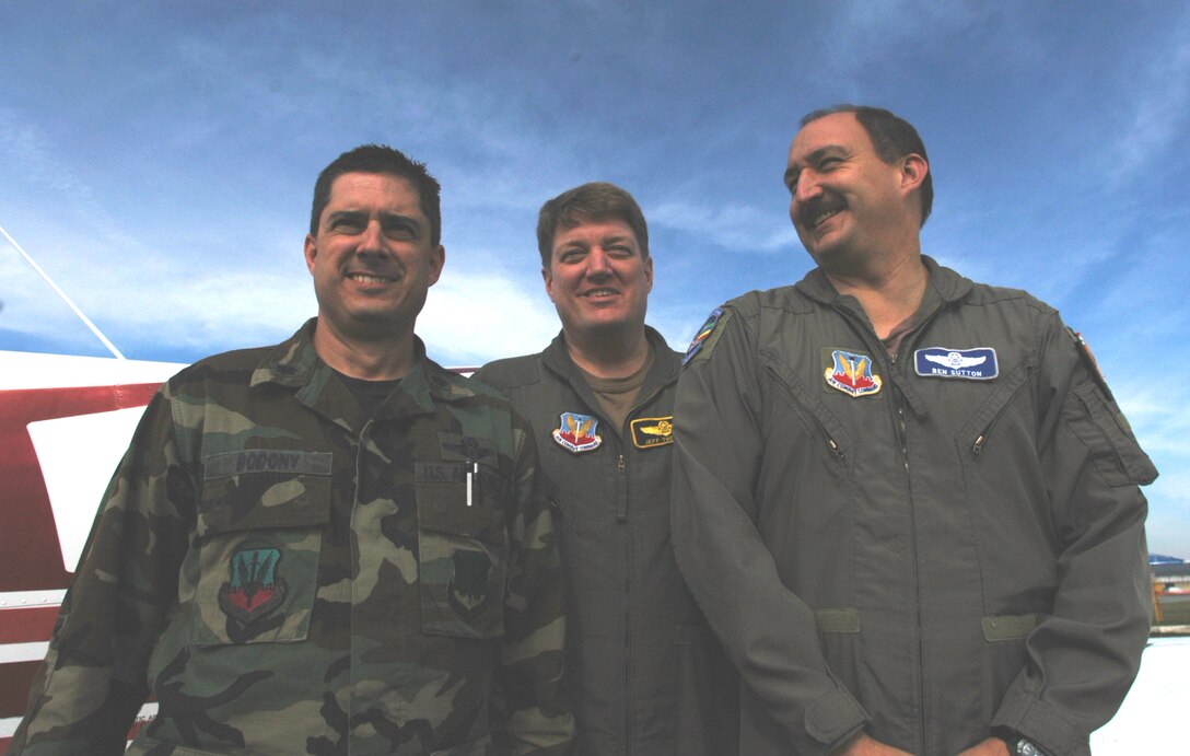 Lt. Col. Jeff Thetford, middle, landed a gerneral aviation aircraft at all 106 airfields in Georgia with the help of friends, Lt. Cols. Ed Bododny, left, and Ben Sutton. The trip was put together to raise awareness of the Robins Air Force Base Aero Club and the Georgia Air National Guard, it took nearly three years to complete.                               