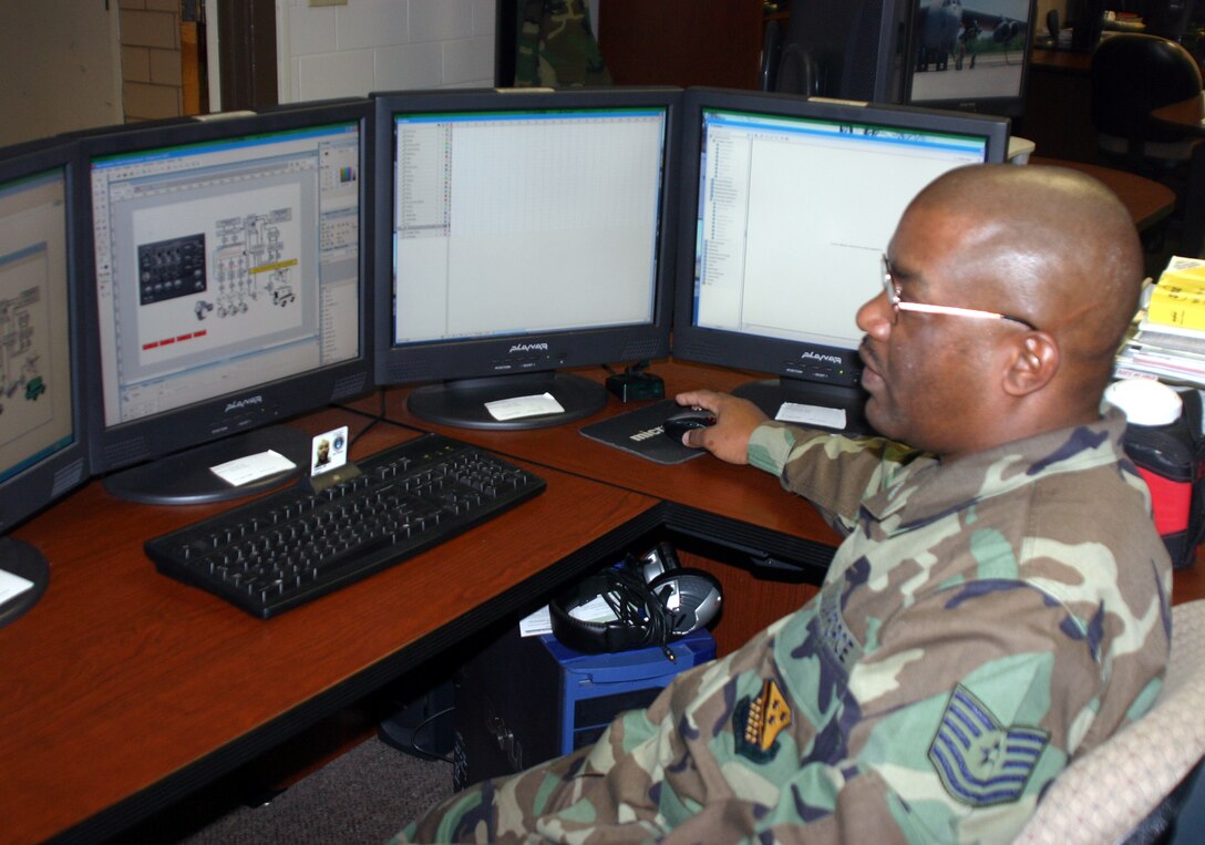 Tech. Sgt. Felton Joshua, 982nd Maitenance Squadron training support flight, works on a computer simulated training aid Jan. 19. The 982nd MXS TSF is able to create a wide array of computer simulations to aid technical training instructors. (U.S. Air Force photo/Airman 1st Class Jacob Corbin.)