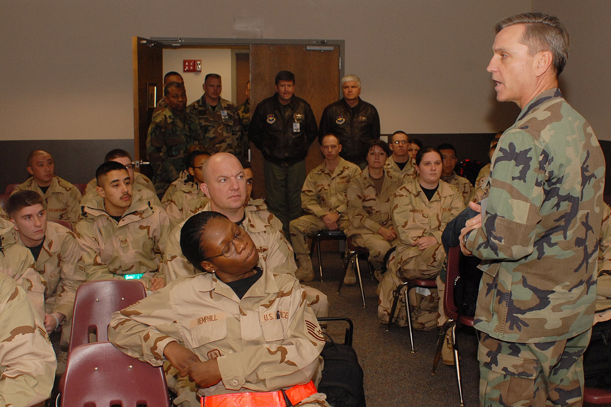 Brig. Gen. Kip Self, 314th Airlift Wing commander, addresses deploying Airmen before their departure from Little Rock Air Force Base Jan. 21. Thirty nine Airmen  were deployed to different locations around the globe. (Photo by Airman 1st Class Nathan Allen)