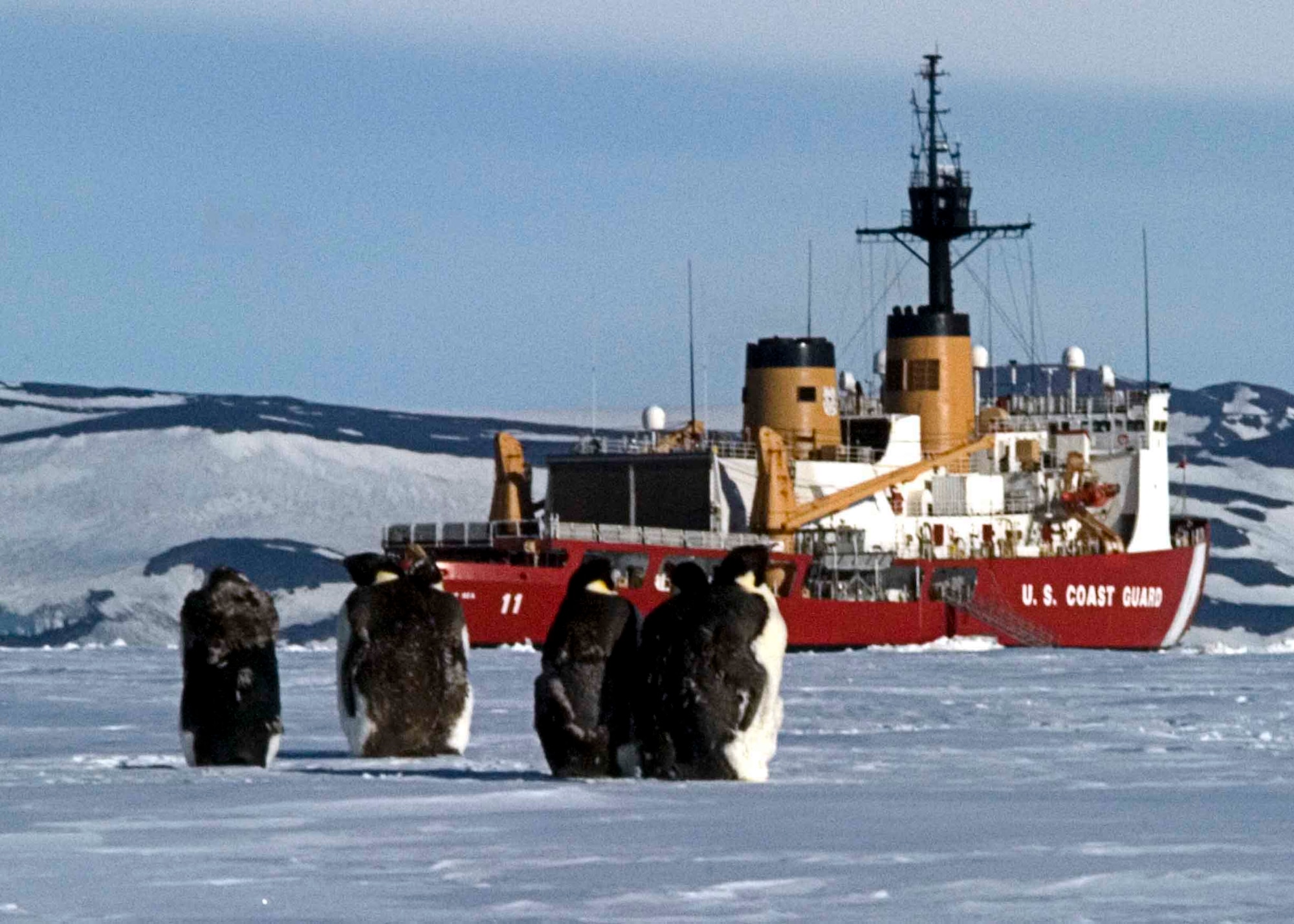 ANTARCTICA- A group of Emperor Penguins rest as the crew of the Coast Guard Cutter Polar Sea enjoys its first "ice liberty."  The Polar Sea is in Antarctica as part of the Air Force-led Joint Task Force Support Forces Antarctica, Operation Deep Freeze 2007, clearing a navigable channel for supply ships to get needed equipment and goods to scientists working in McMurdo. (US Coast Guard Photo by Petty Officer 3rd Class Kevin J. Neff)