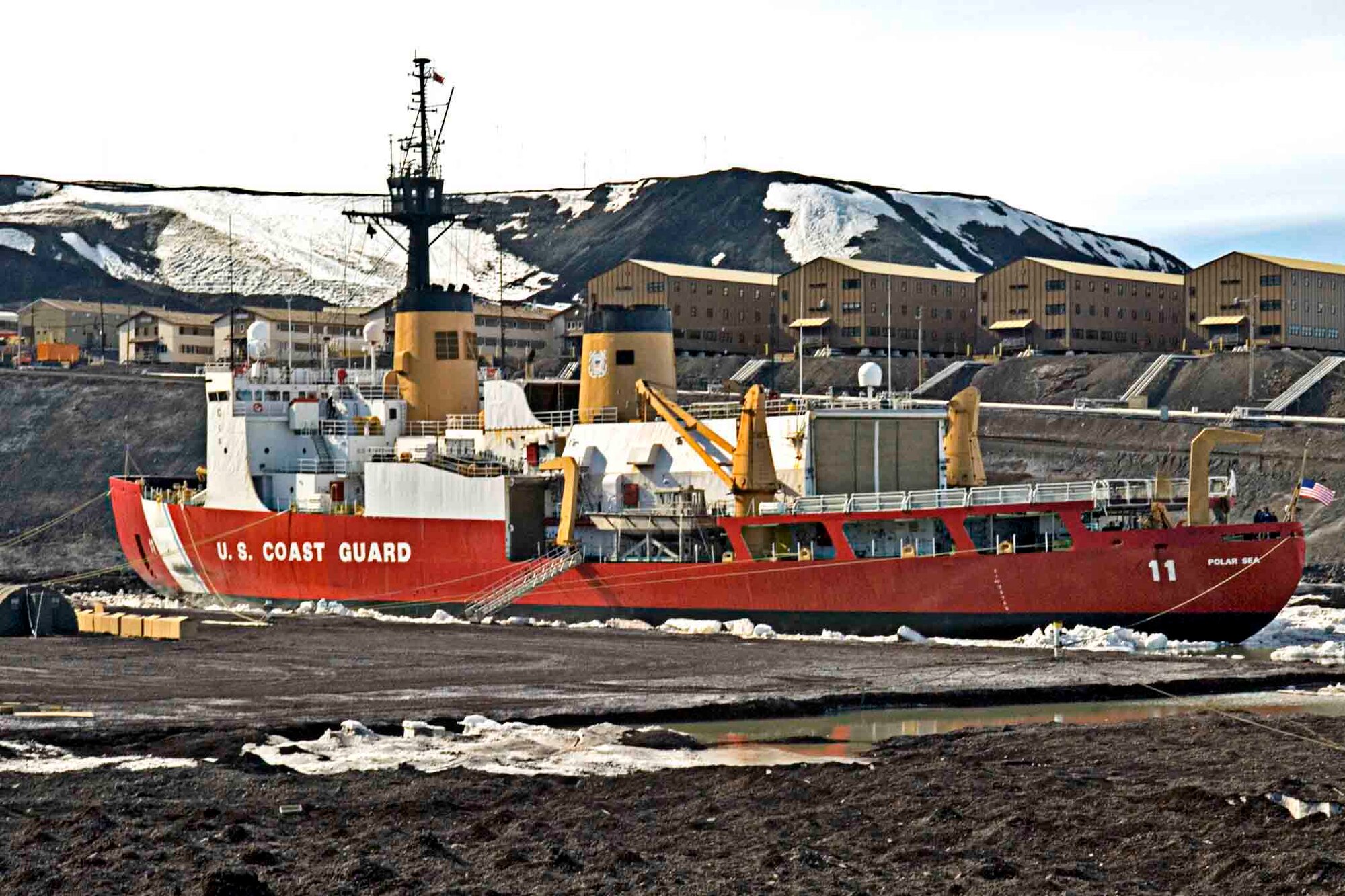 MCMURDO, ANTARCTICA (Jan. 10, 2007)- The Coast Guard Cutter Polar Sea moored up to the "ice pier" at McMurdo Station today.  The Polar Sea is on a six-month deployment as part of the Air Force-led Joint Task Force Support Forces Antarctica, Operation Deep Freeze 2007, clearing a navigable channel for supply ships to get needed equipment and goods to scientists working in McMurdo.  The Polar Sea made a port call to McMurdo to refuel and take on supplies for the crew.  This is the first port call for the Sea since leaving Sydney, Australia on December 23, 2006. (US Coast Guard Photo by Petty Officer 3rd Class Kevin J. Neff)