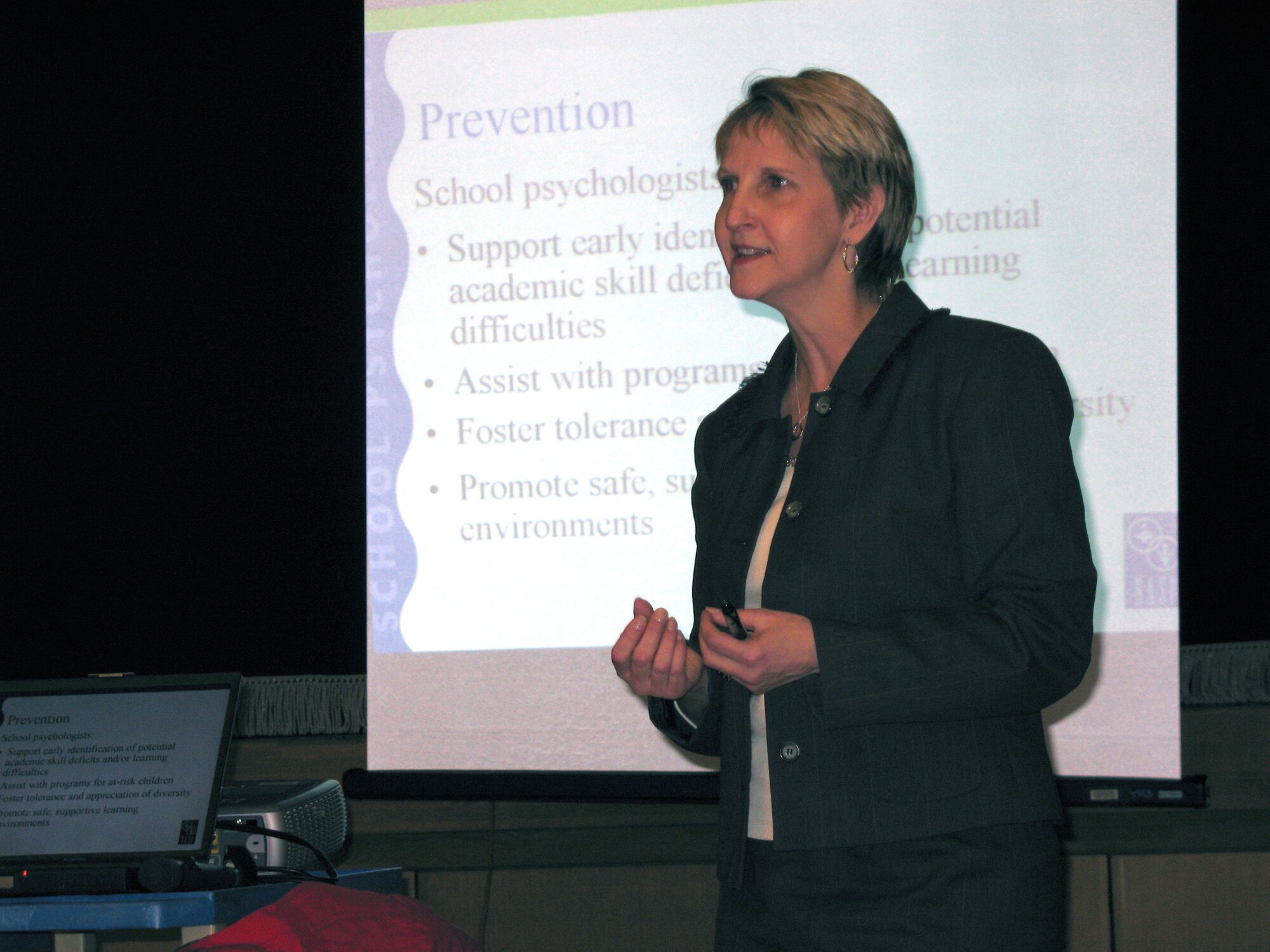 Dr. Debra Hatter, a school psychologist, speaks to parents as part of the "Let's Talk" program at Yokota Air Base, Japan.  "Let's Talk" is a forum for educators to reach out to parents of school-aged children about parenting resources available on base. (U.S. Air Force photo)