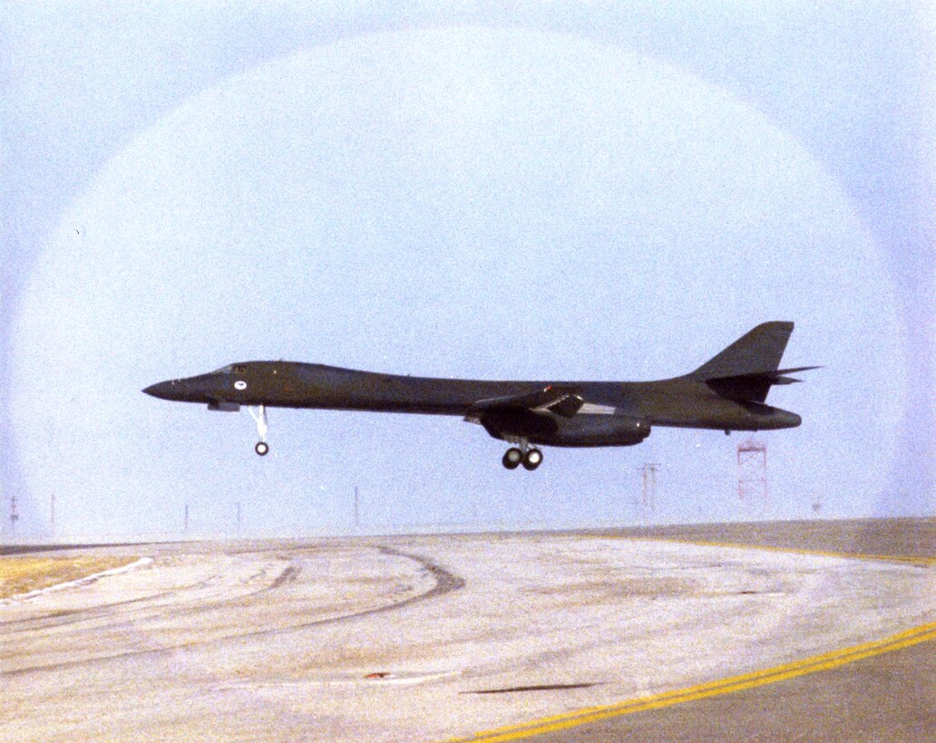 The first B-1B Lancer arrived at Ellsworth Air Force Base, S.D., on Jan. 21, 1987.  The bomber continues to take off from Ellsworth's runway 20 years later.  (U.S. Air Force photo illustration)