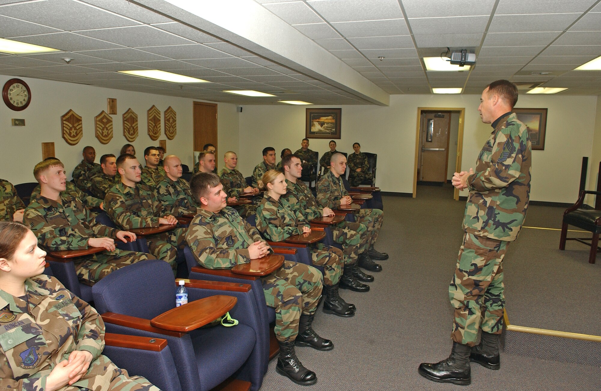 EIELSON AIR FORCE BASE, Alaska- Chief Master Sgt. Anthony Bishop, Pacific Air Forces command chief, speaks to the current Airman Leadership School students about the future of the Air Force for Airman during his visit to Eielson on Jan. 17 and 18.  (U.S. Air Force Photo by Senior Airman Anthony Nelson)