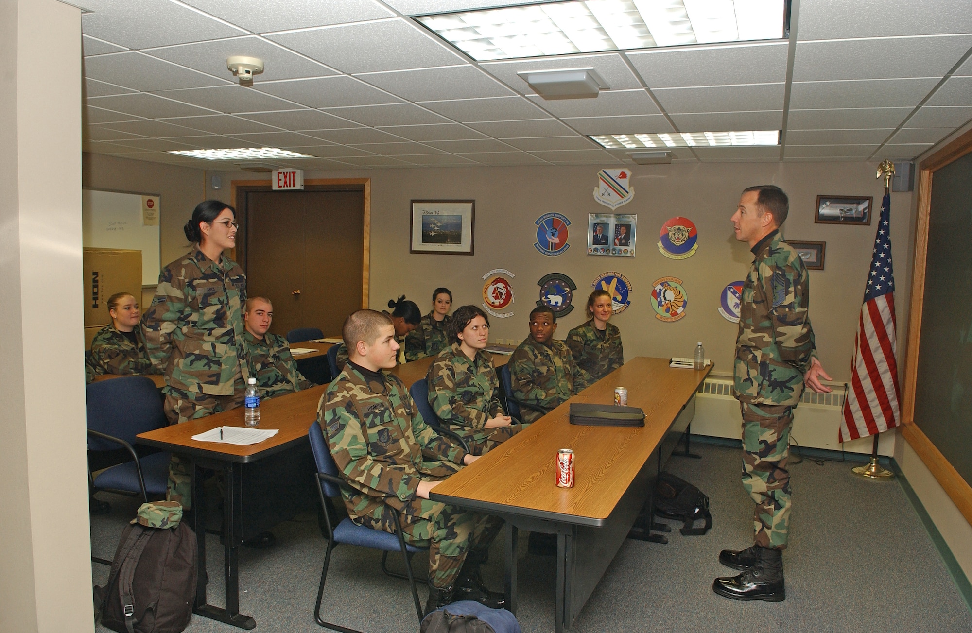 EIELSON AIR FORCE BASE, Alaska--Chief Master Sgt. Anthony Bishop, Pacific Air Forces command chief speaks with first-term Airman, Airman Claudia Arcie about her top three reasons why she joined the Air Force at the First-Term Airman's Center during his visit to Eielson Jan. 17 and 18. (U.S. Air Force Photo by Senior Airman Anthony Nelson)