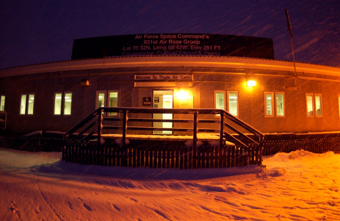 Snow falls Jan. 25 at the Thule Air Base terminal in Greenland. Thule AB Airmen with two major space missions support Air Force Space Command. Two tenant units contribute to the space mission here. (U.S. Air Force photo/Michael Tolzmann) 