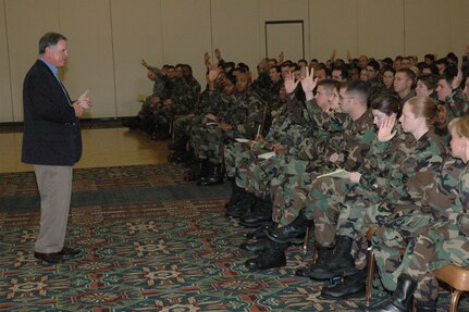 Steven Polk, a retired lieutenant general, spoke to the 37th Training Wing's company grade officers Jan. 11 at the Gateway Club on Lackland Air Force Base, Texas. Mr. Polk is the first speaker for the newly instituted monthly CGO professional development sessions. Mr. Polk relayed his ideas about leadership and the importance of incorporating one's own personality into his leadership style. (USAF photo by Lt. Col. Daniel Epright)