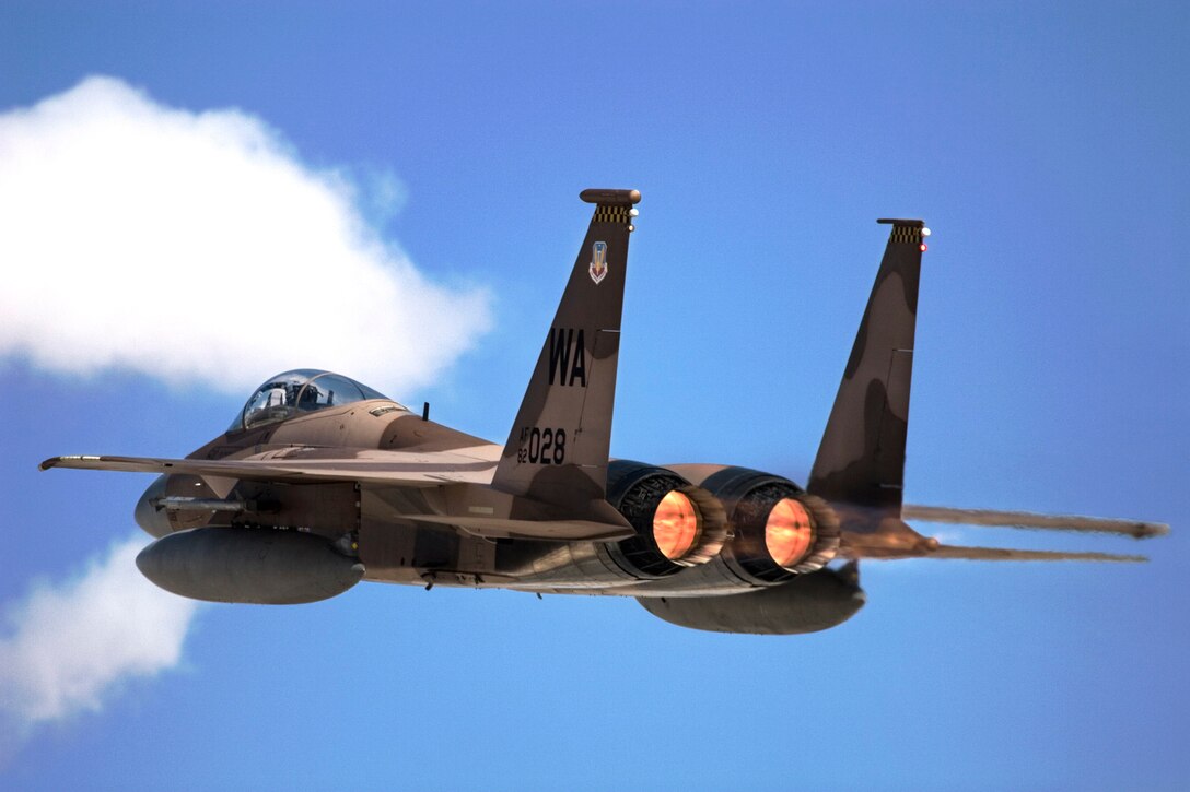 An F-15 Eagle with the 65th Aggressor Squadron takes off from Nellis Air Force Base, Nev. Twenty-three additional F-15 Eagles and F-16 Fighting Falcons are being proposed by the Air Force to be added to Nellis AFB in addition to approximately 520 people due to changes mandated by the recent Base Realignment and Closure Commission. (Courtesy photo/Dave Cibley)