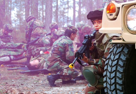 Airman 1st Class Nadine Rudke, 823rd Security Forces Squadron fire team member,  guards the perimeter of a casualty collection point during a combat medical skills excercise held Jan. 19 at Moody Air Force Base, Ga. (U.S. Air Force photo by Tech. Sgt. Parker Gyokeres)