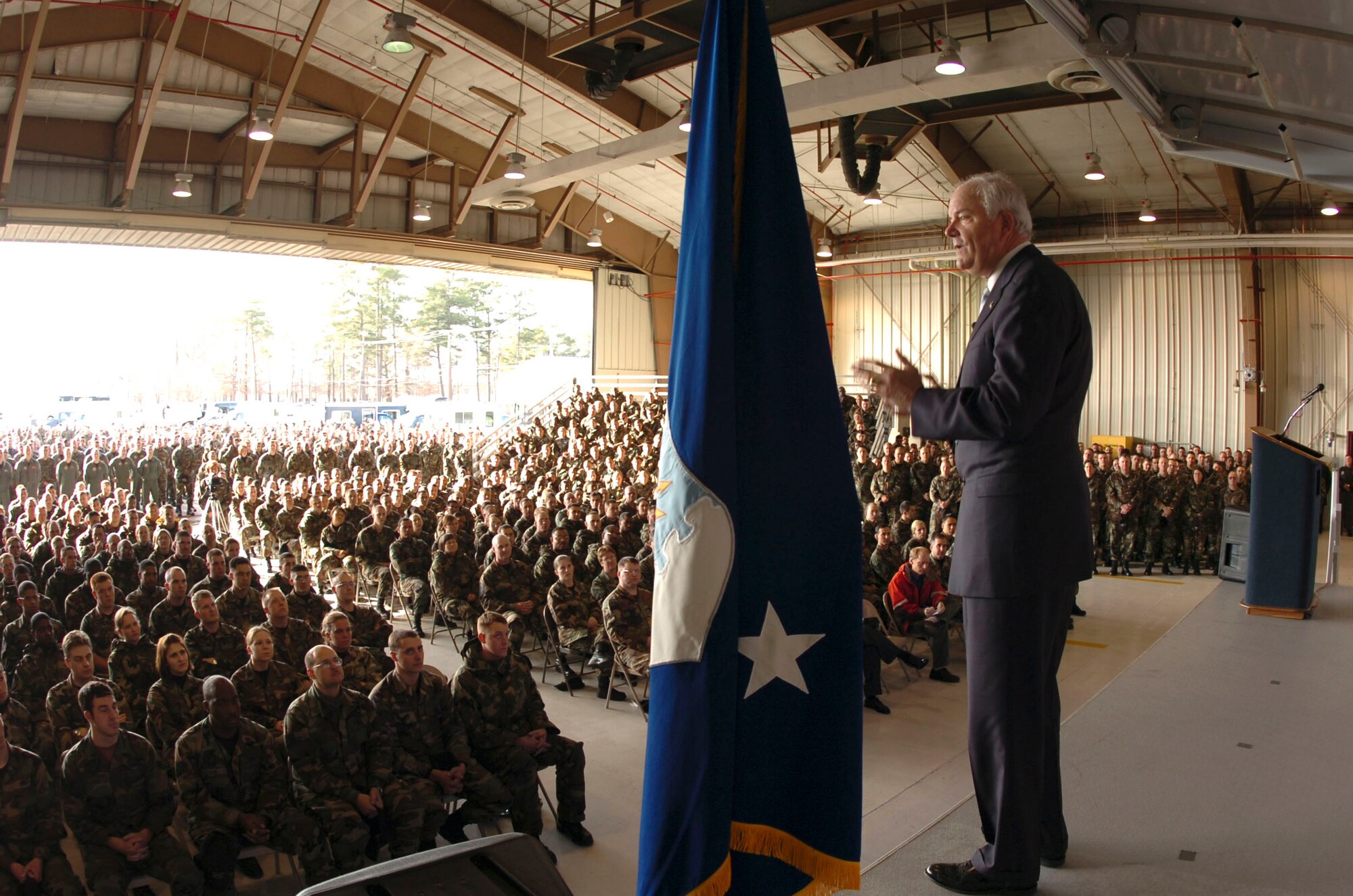 Secretary of the Air Force Michael W. Wynne speaks to the Airmen of the 4th Fighter Wing about the Air Force's efforts to help meet the immediate demands of fighting the war on terrorism as part of the joint interdependent team during an Airmen's Call Jan. 19 at Seymour Johnson Air Force Base, N.C. (U.S. Air Force photo/Airman 1st Class Greg Biondo)