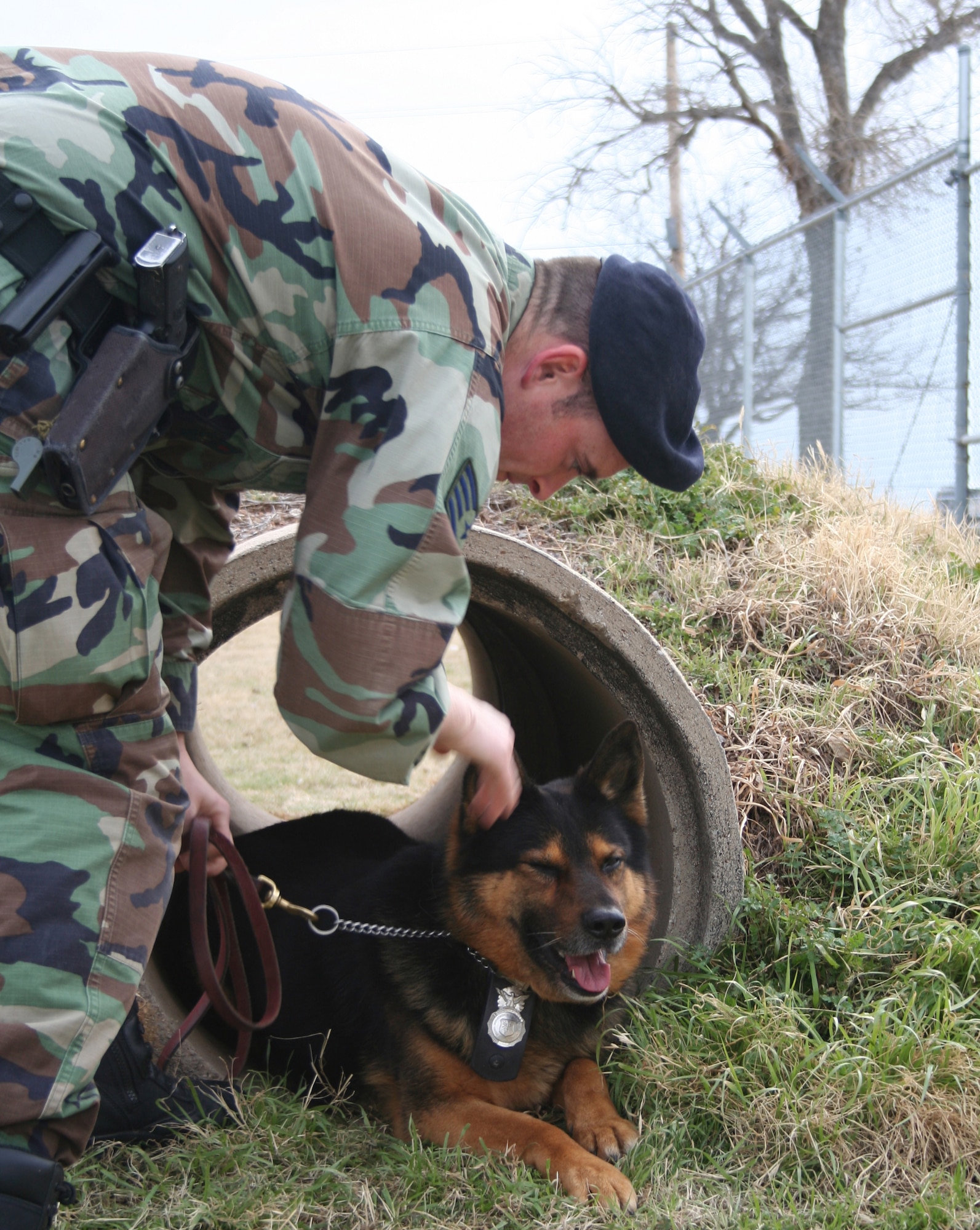 Staff Sgt. Thomas Butler, 82nd Security Forces Squadron, and his military working dog Murdog train together Jan. 24. (U.S. Air Force photo/Adrian McCandless.)