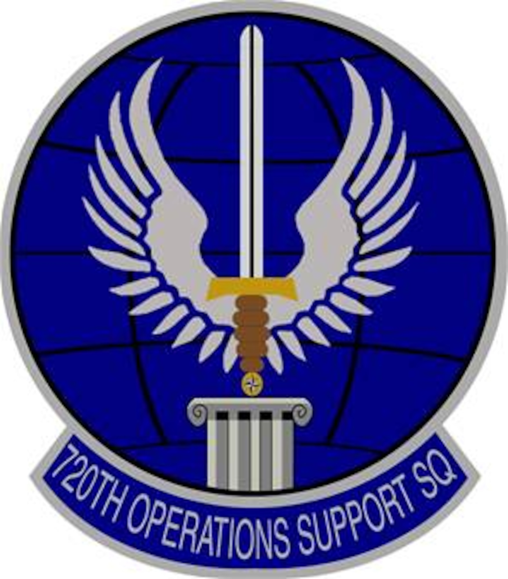 720th Operations Support Squadron emblem significance:
Ultramarine blue and Air Force yellow are the Air Force colors. Blue alludes to the sky, the primary theater of Air Force operations.Yellow refers to the sun and the excellence required of Air Force personnel. The grid lined globe denotes the world wide commitment of the squadron. The winged sword represents the excellence expected of all Air Force members. The compass rose symbolizes the battlefield Airmen whose operational capabilities are enabled by the squadron. The pillar supporting the sword represents the squadron itself.