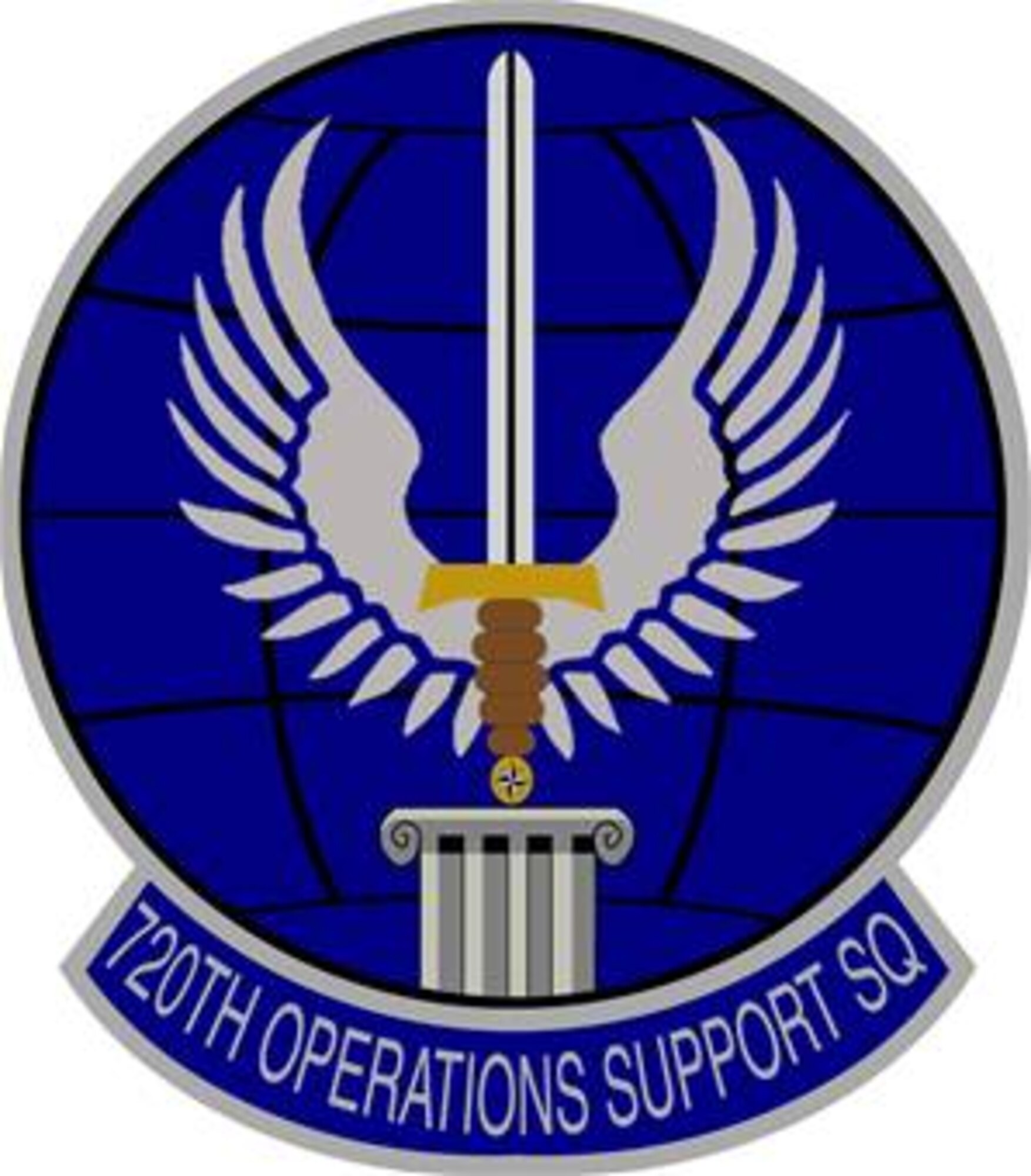 720th Operations Support Squadron emblem significance:
Ultramarine blue and Air Force yellow are the Air Force colors. Blue alludes to the sky, the primary theater of Air Force operations.Yellow refers to the sun and the excellence required of Air Force personnel. The grid lined globe denotes the world wide commitment of the squadron. The winged sword represents the excellence expected of all Air Force members. The compass rose symbolizes the battlefield Airmen whose operational capabilities are enabled by the squadron. The pillar supporting the sword represents the squadron itself.