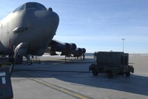 MINOT AIR FORCE BASE, N.D. -- A B-52H Stratofortress waits on the flight line before engine performance testing Jan. 19. The B-52H engines are being tested to measure the difference between the use of JP-8 fuel, which the B-52 is accustomed to, verses Fischer-Tropsch, a synthetic fuel. The testing of synthetic fuel in cold weather is the last step in the certification process to help reduce Air Force dependence on imported fuel. (U.S. Air Force photo by Airman 1st Class Joe Rivera)