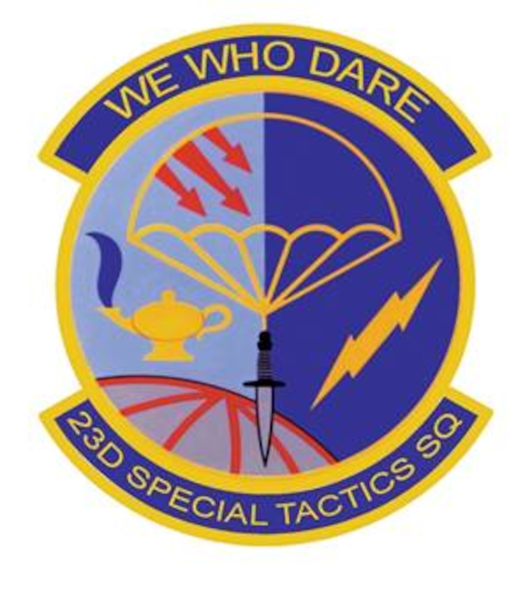 23rd Special Tactics Squadron:  
The emblem's blue and yellow are the Air Force colors. Blue alludes to the sky, the primary theater of Air Force operations. Yellow refers to the sun and the excellence required of Air Force personnel. The globe stands for the worldwide commitment of Special Tactics Combat Controllers and Pararescuemen. The two shades of blue signify night and day deployment capability. The parachute and the dagger denote infiltration and commando operations respectively. The arrows represent triple threat capabilities—land, sea, or air. The lightning bolt indicates quick action medical and communications capabilities. The lamp of knowledge reflects the civic action role of the unit, i.e. the unit functions as teachers and medical providers as well as warriors.