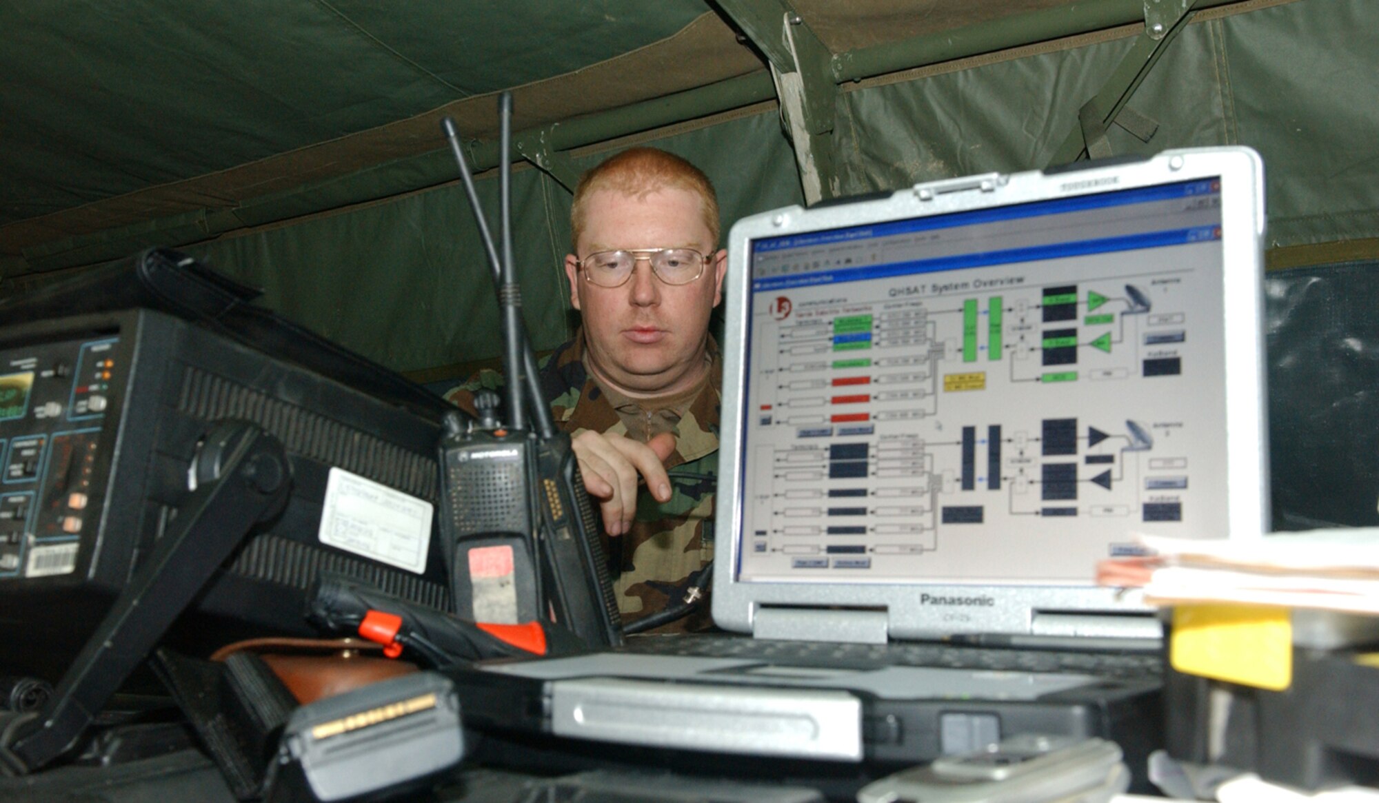 OSAN AIR BASE, Republic of Korea --  Staff Sgt. Erik Knippa, 607th Combat Communications Saquadron, ensures the computer system inside the deployed tactical satellite shop is properly connected. (U.S. Air Force photo by Senior Airman Eunique Stevens)
