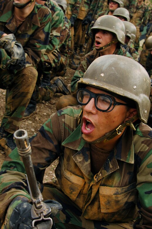 Trainees answer questions prior to marching.