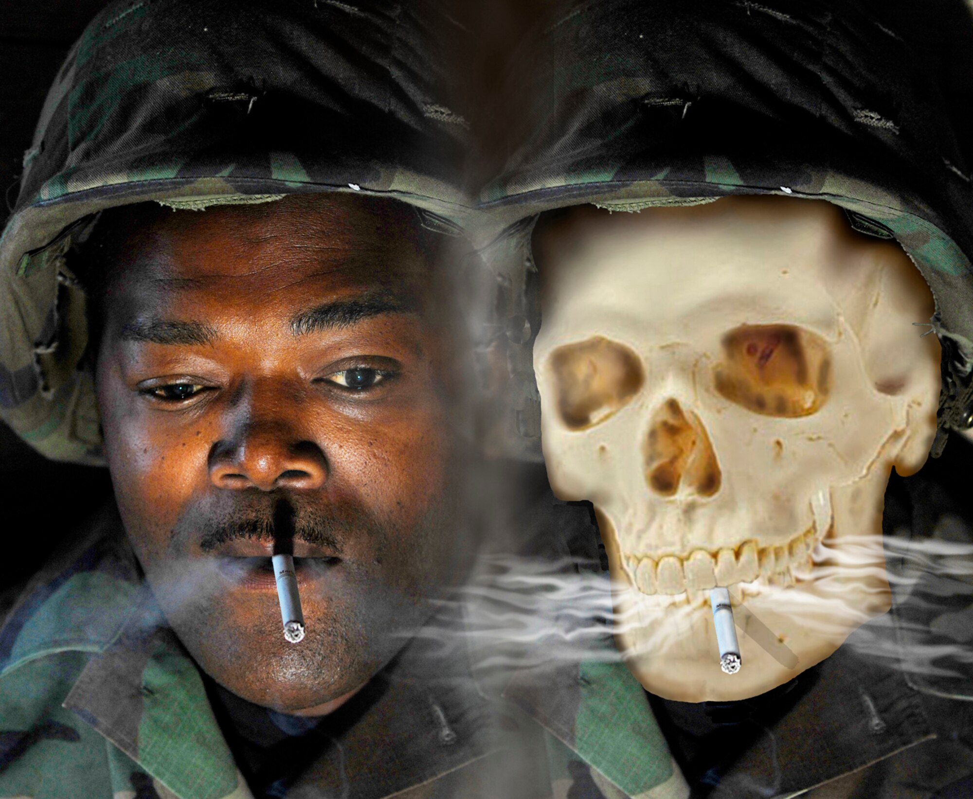 Airman and skeleton in BDUs smoking cigarettes. (photo by Staff Sgt. Matthew Hannen/photo illustration by Sammie King)