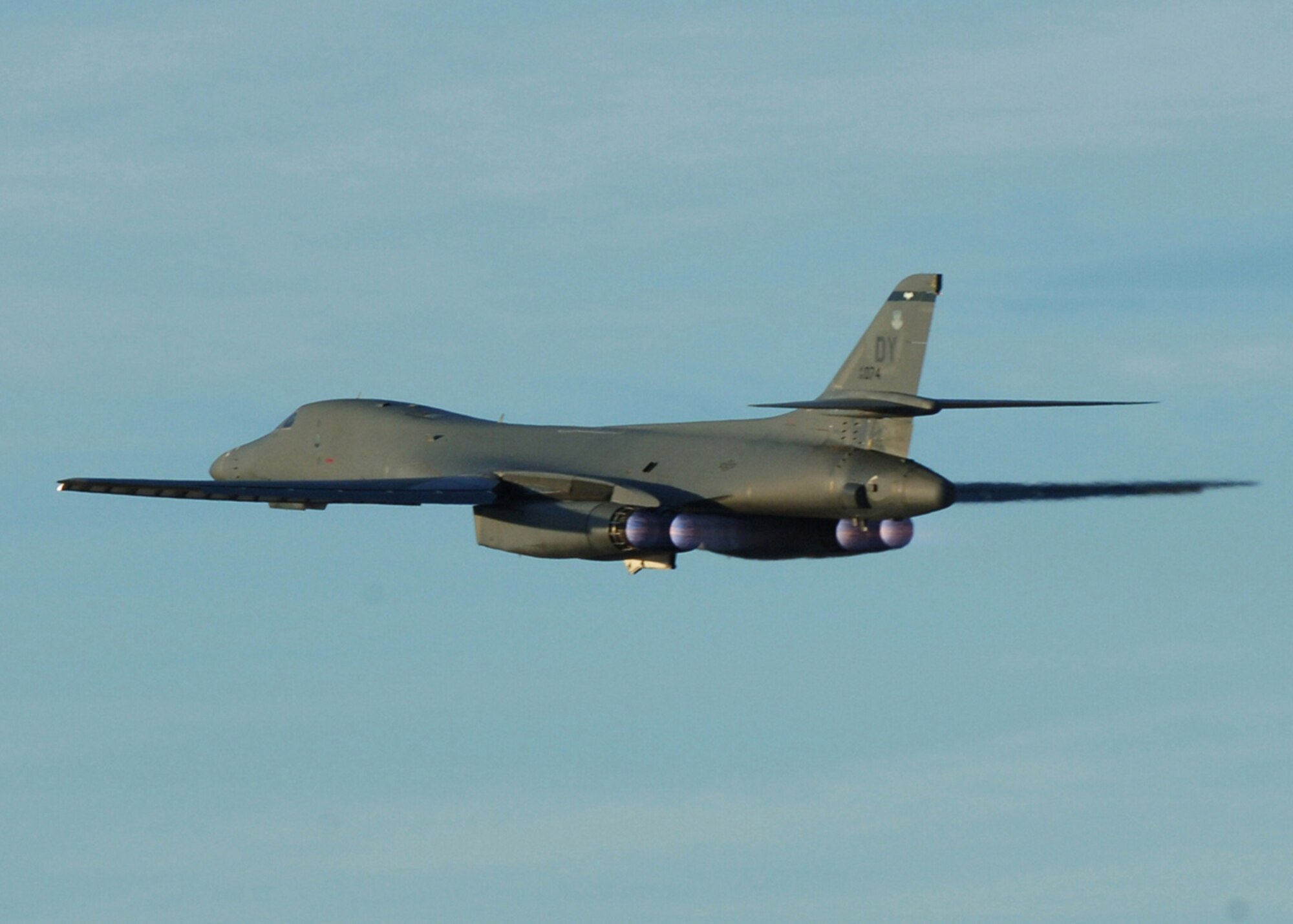 A B1 Bomber aircraft takes off from the runway at Dyess Air Force Base, Texas, March 1, 2006.  Members of Dyess are participating in an operational readiness inspection which will determine Dyess' ability to operate, survive and improve war fighting skills in order to successfully execute the mission. (U.S. Air Force photo by Staff Sgt. Araceli Alarcon) (Released)