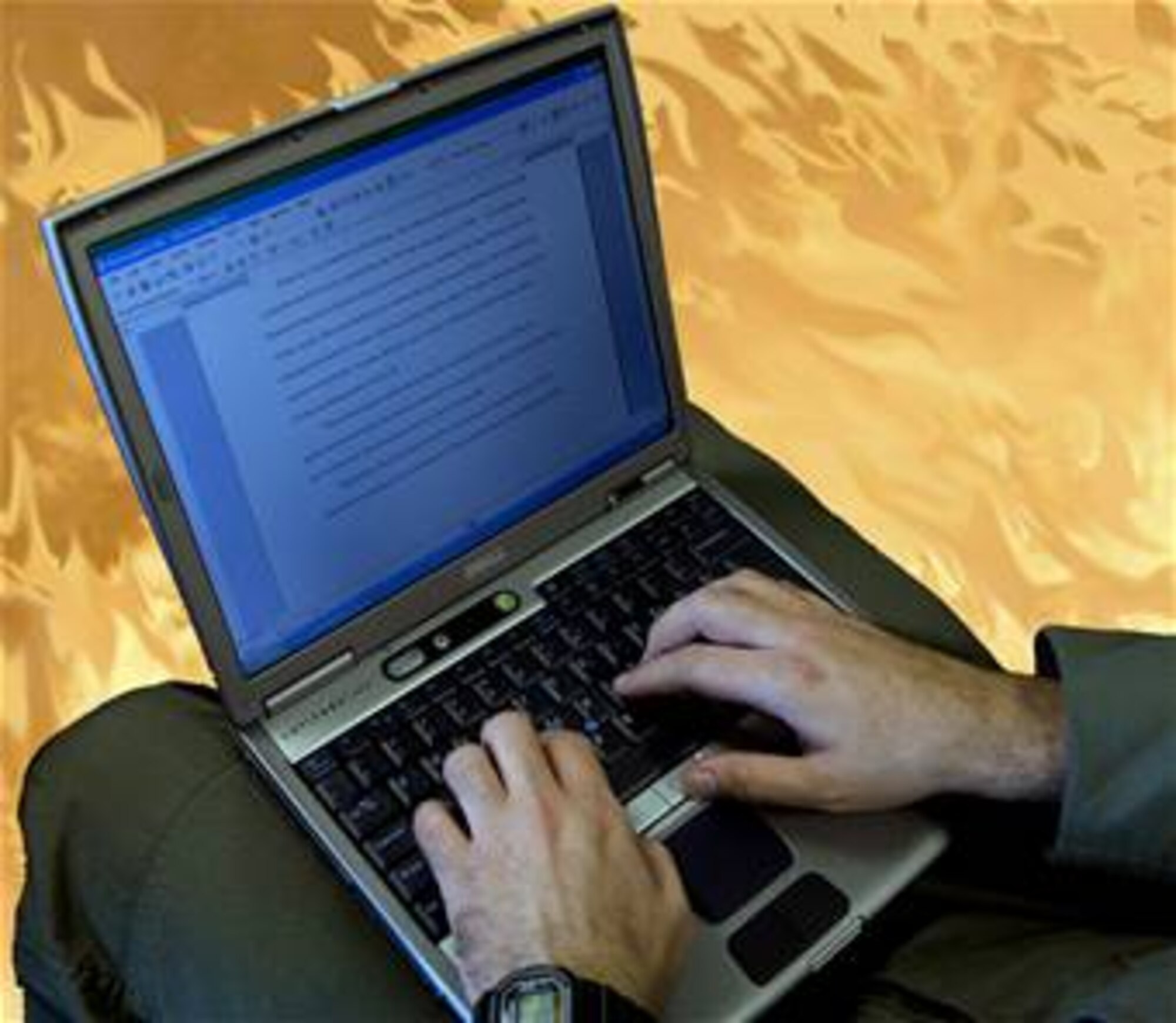 Some computer batteries have been starting fires. Computer batteries can get hot during normal use. Do not use your computer on your lap. (photo by Staff Sgt. Matthew Hannen/photo illistration by Sammie King)