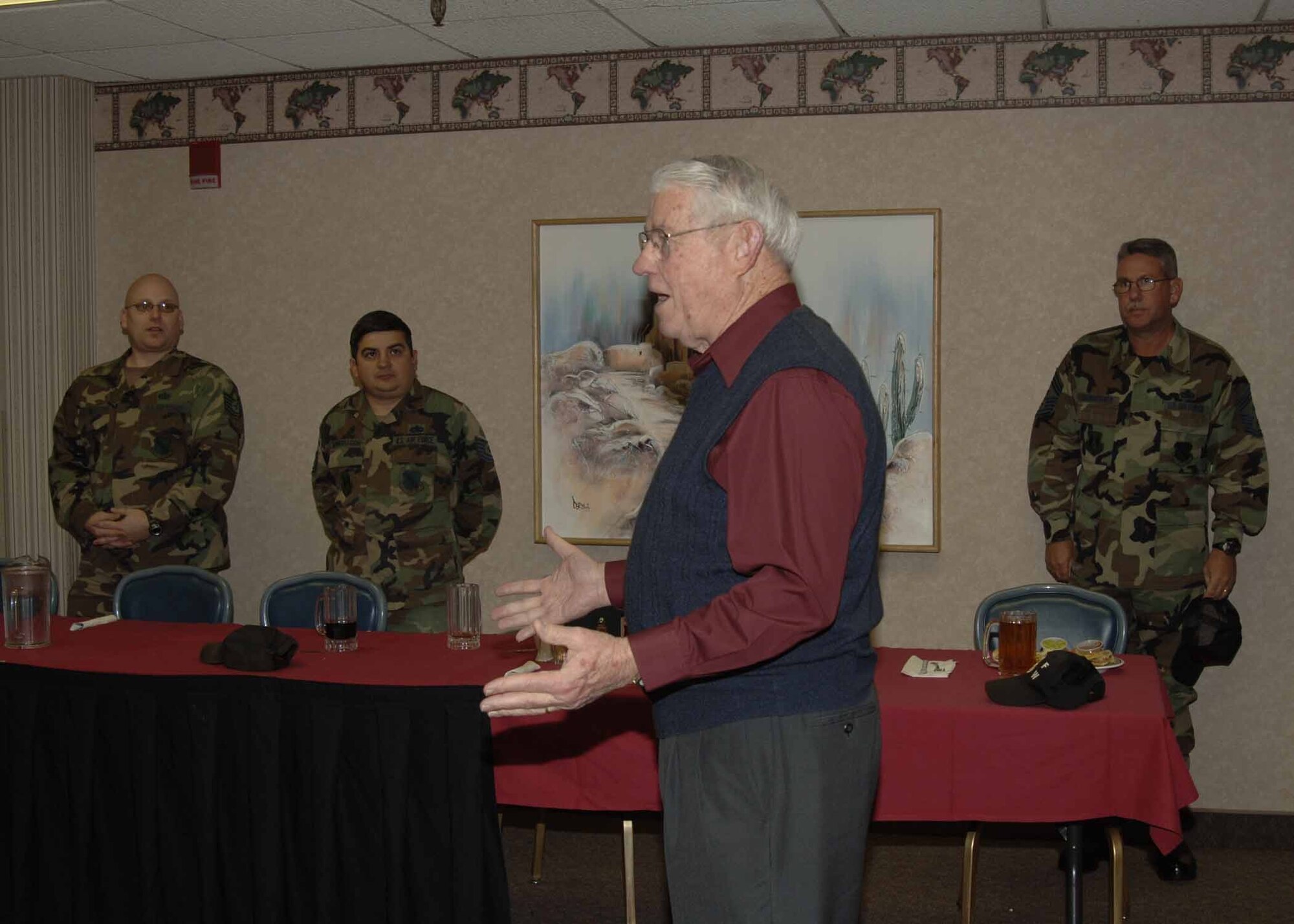 Retired Chief Master Sgt. of the Air Force Robert Gaylor speaks with the enlisted corps of the 46th Test Group, during a luncheon held in his honor at the enlisted club. Chief Gaylor, who was accompanied by his wife Selma, is the guest speaker for the 46 TG Annual Awards Ceremony. (U.S. Air Force photo by Staff Sgt. Lakisha Croley)