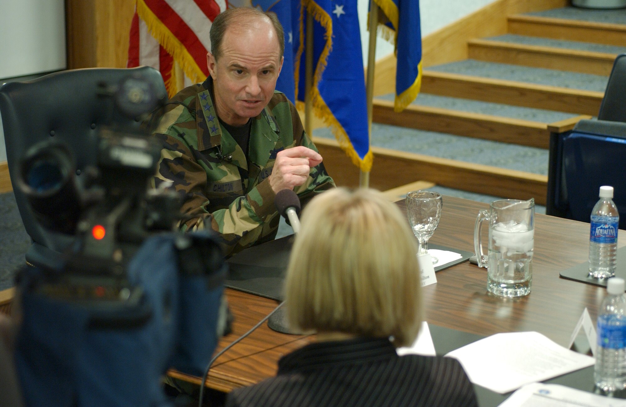 MALMSTROM AIR FORCE BASE, Mont. -- Gen. Kevin P. Chilton, Air Force Space Command commander, talks with local media about his visit to Malmstrom AFB and his vision for the command during a press conference here Jan. 24. (Air Force photo by Roger Day) 