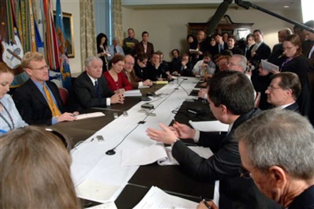 U.S. Defense Secretary Robert M. Gates (middle, left) conducts a Pentagon press availability, Jan. 26, 2007.  Gates said he will consider the recommendations of U.S. commanders in Iraq and ensure they have the forces they need to accomplish their mission.