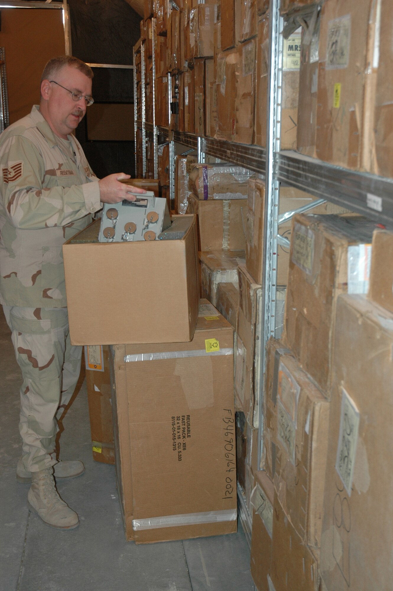 Tech. Sgt. Troy Reemtsma, 379th Expeditionary Aircraft Maintenance Squadron B-1B Lancer supply NCOIC, stocks and inventories aircraft parts.