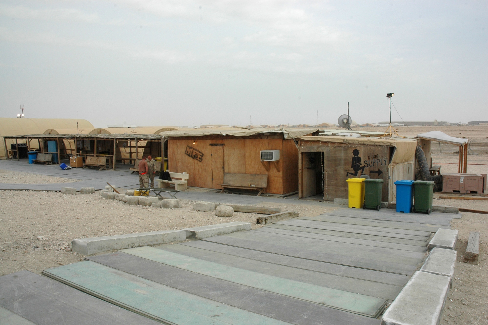 "Shanty Town" began with three tents in January 2004 in Southwest Asia. Each rotation of maintainers added something new to the complex and it morphed into something different. The new upgraded complex will consist of five tents currently being built by the 379th Expeditionary Civil Engineer Squadron, that will approximately double the current square footage of the former facility. (U.S. Air Force photo)