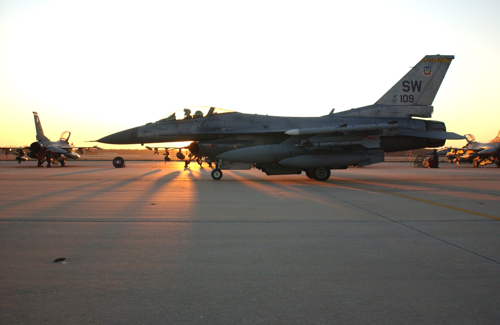 An F-16 Fighting Falcon assigned to the 20th Fighter Wing taxies in preparation to launch in support of Operational Readiness Exercise Sea Lion 07-03 Jan. 26 at Shaw Air Force Base, S.C. Exercises prepare Airmen for future deployments. (U.S. Air Force photo/Staff Sgt. Nathan Bevier)