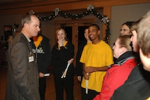 MINOT AIR FORCE BASE, N.D. – Gen. Kevin P. Chilton, Air Force Space Command commander, speaks to a group of young performers who make up the Magi Drumline after their show at the Minot Country Club in Minot, N.D., Jan. 22. General Chilton visited Minot as part of a base orientation to familiarize him with the wings now under his command. (U.S. Air Force photo by Airman 1st Class Christopher Boitz)