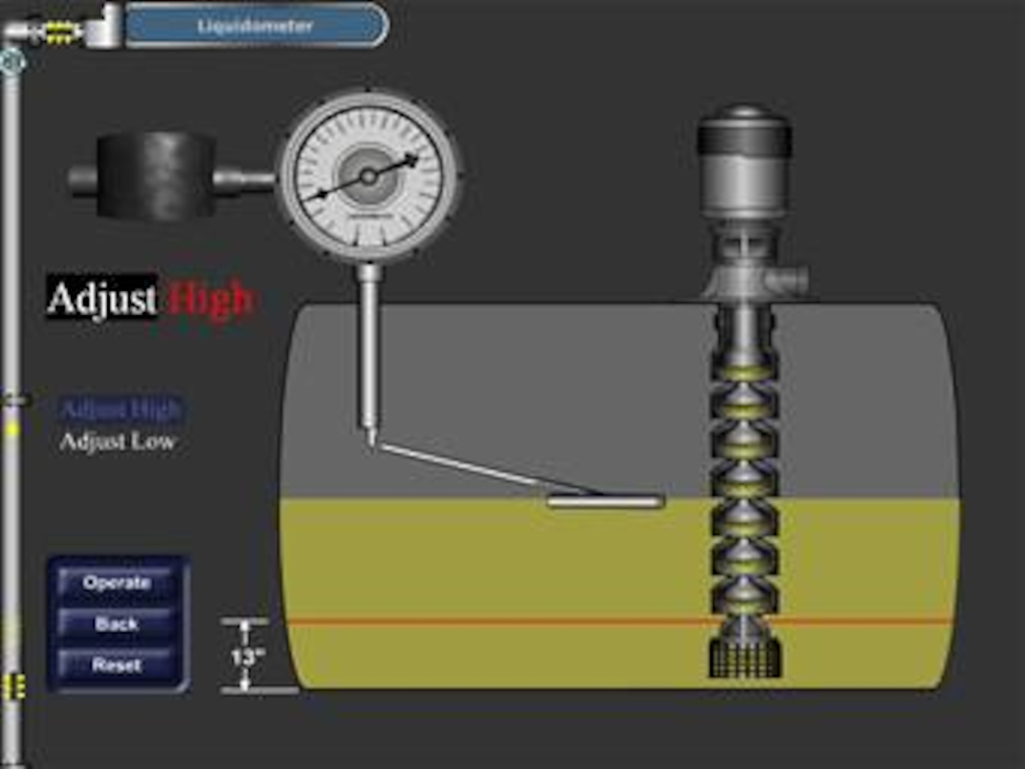 A computer simulation of a liquidometer is one of the many simulations created by the 982nd Maintenance Squadrons training support flight which help instructors teach Airman-in-training at Sheppard. (U.S. Air Force graphic/Courtesy graphic.)
