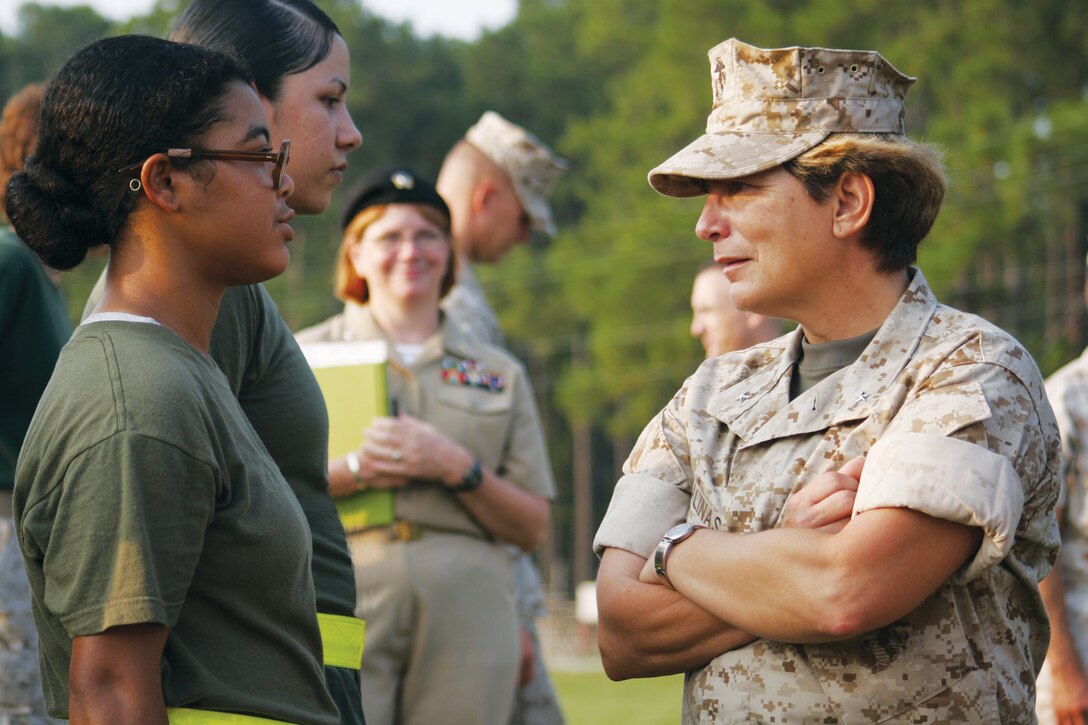 Brig. Gen. Angela Salinas speaks with recruits from her recruiting region about how they were prepared for recruit training.  The general was at Parris Island with her staff to speak to Depot command staff about recent changes made in the recruit training schedule and how those changes are affecting recruit training.