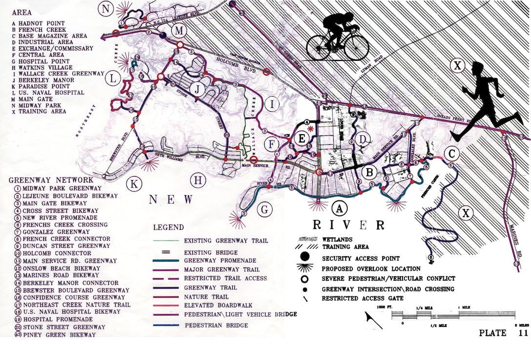 MARINE CORPS BASE CAMP LEJEUNE, N.C. ? The map pictured displays the development by the city of Jacksonville and Camp Lejeune as an initiative to expand existing infrastructure to further connect the city and the base via a series of biking, walking and jogging trails.