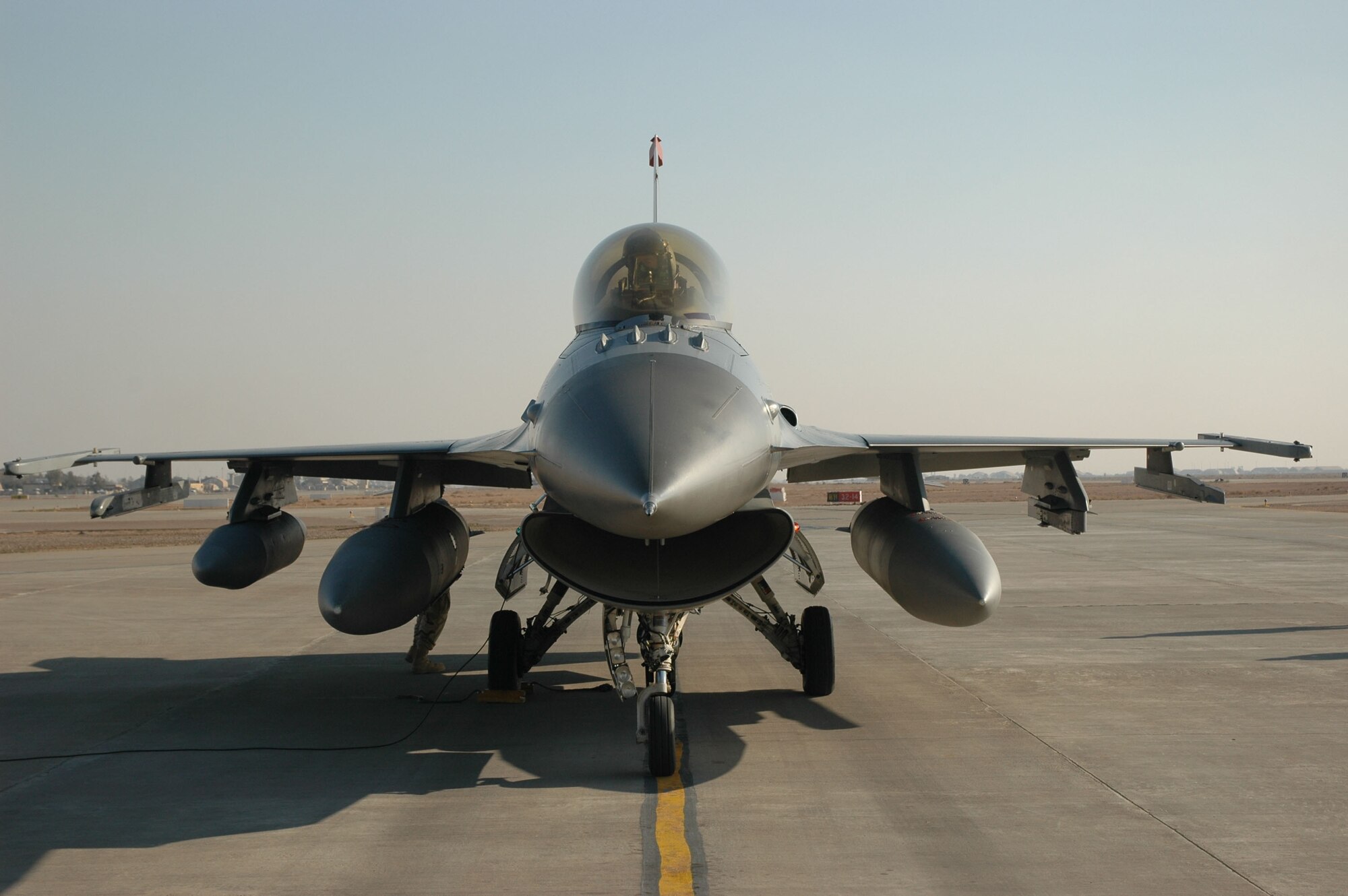 BALAD AIR BASE, Iraq -- An F-16 Block 50 F-16 aircraft sits on the flightline. The 14th Expeditionary Figher Squadron is the first Block 50 F-16 squadron deployed to Iraq. The 332nd Air Expeditionary Wing announced the opening of a third assigned fighter squadron in a ceremony here Jan. 16. (Courtesy photo) 
