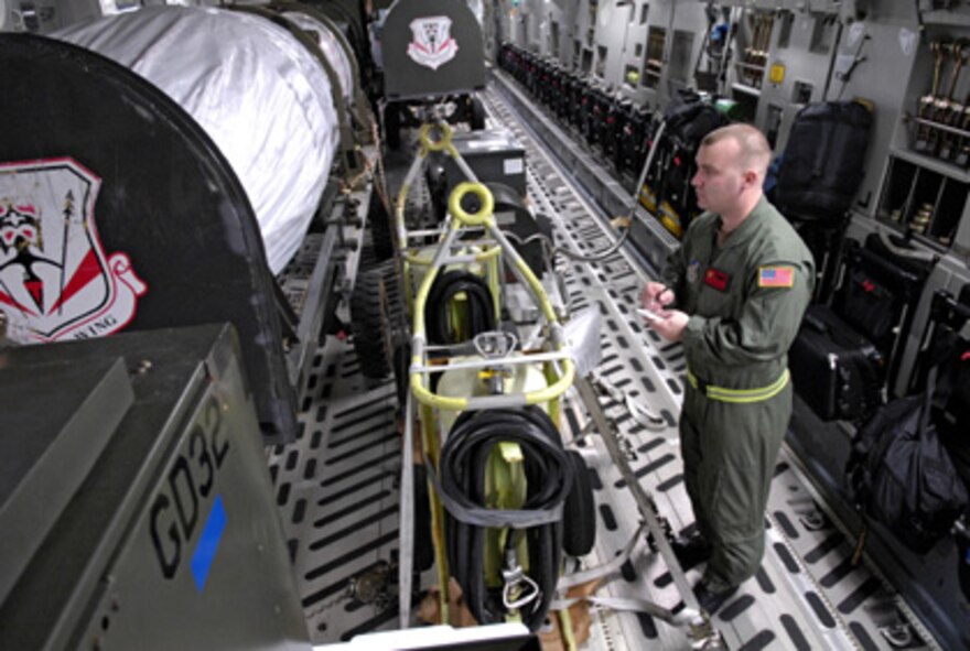 HICKAM AIR FORCE BASE, Hawaii -- Staff Sgt. Jason Scaffidi writes down positions and weights of equipment loaded on a C-17 Globemaster III Jan. 25, 2007 at Hickam Air Force Base, Hawaii. SSgt. Scaffidi is a loadmaster with the 535th Airlift Squadron. The C-17 Globemaster III is capable of rapid strategic delivery of troops and all types of cargo to main operating bases or directly to forward bases in the deployment area. (U.S. Air Force photo/ Shane A. Cuomo)
