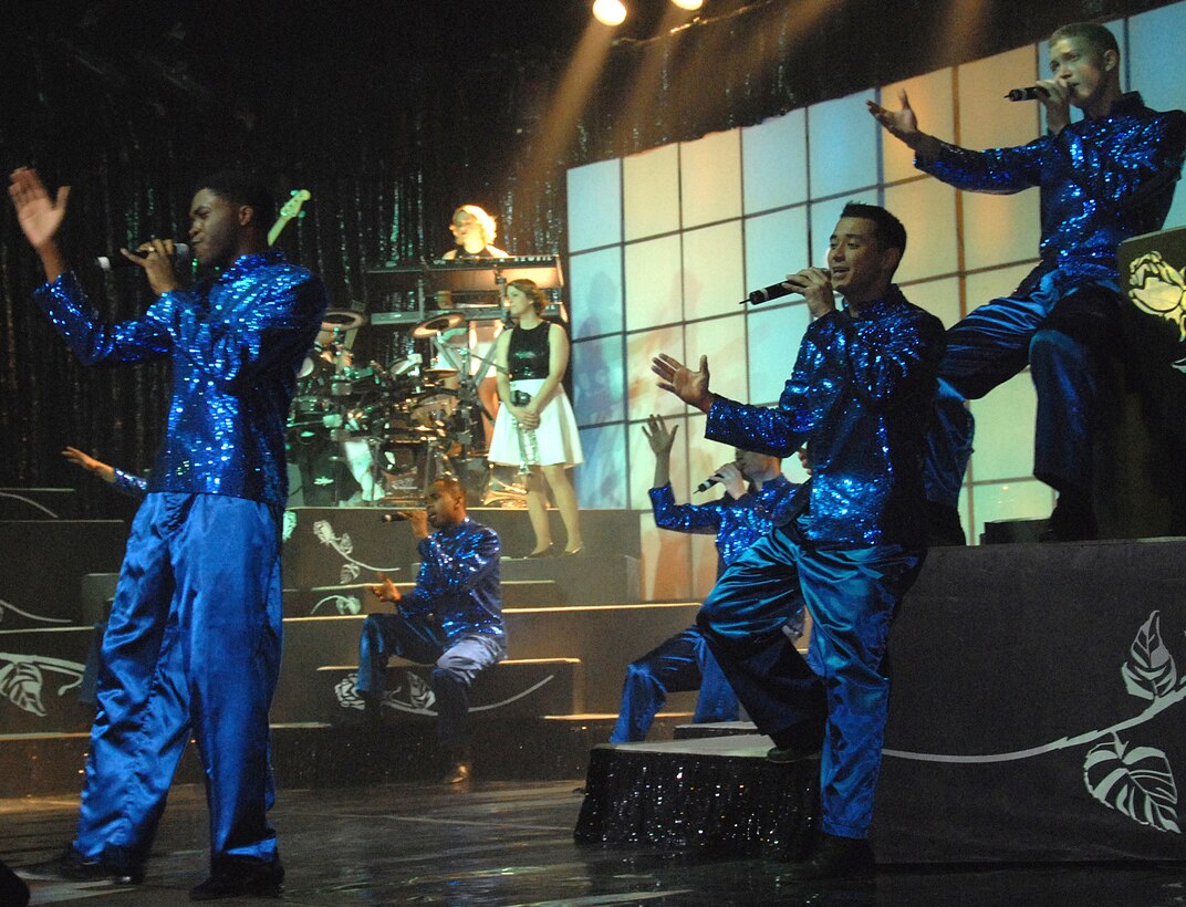 Tops In Blue male vocalists sing one to the ladies Jan. 29 at Wichita Auditorium during the Air Force's premiere entertainment group's Broadway-like production. (U.S. Air Force photo/Mike Litteken)