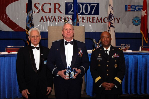 The 916th Air Refueling Wing, Air Force Reserve, co-hosted the annual North Carolina Employer Support of the Guard and Reserve Banquet on Saturday, Jan. 27 in Greensboro. More than 350 employers, legislators and military members attended the banquet that honors and recognizes employers in the state who go above and beyond to support their Guard and Reserve members. Pictured from left to right is: ESGR State Chairman Bud Brown, Col. Paul J. Sykes, 916th ARW commander and Maj. Gen. John R. Hawkins III, assistant deputy chief of staff for the Dept. of the Army.