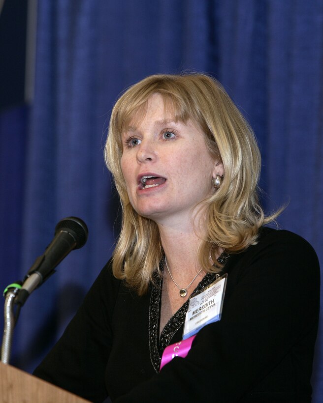 Meredith Leyva, founder of CinCHouse Web site, a community of military wives, girlfriends and women in uniform, speaks to an audience at the organization's first convention, held Jan. 10-12 in San Diego. Photo by Mike Carpenter
