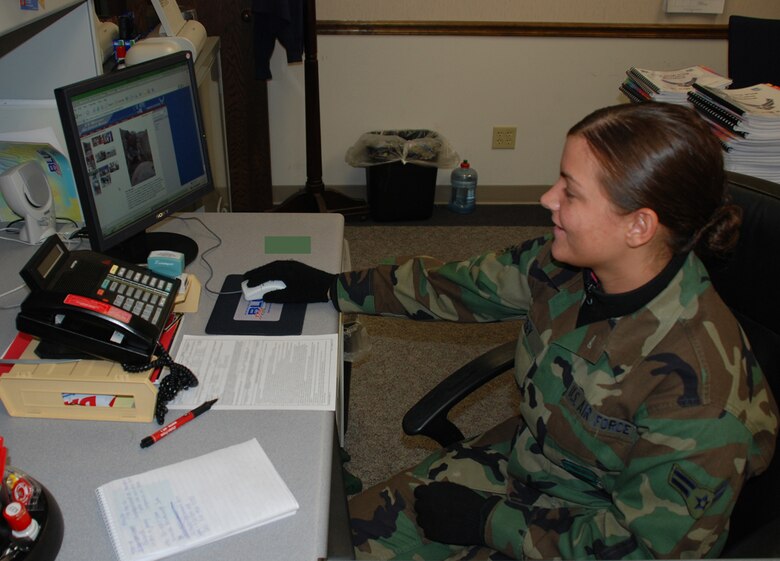 Airman Kourtney Frey in-processed at Scott Air Force Base after basic and tech school, and went back to work at a shipping company. After finishing 
newcomers orientation, in September 2006, she was assigned to the Mission Support 
Flight Customer Service section. 
