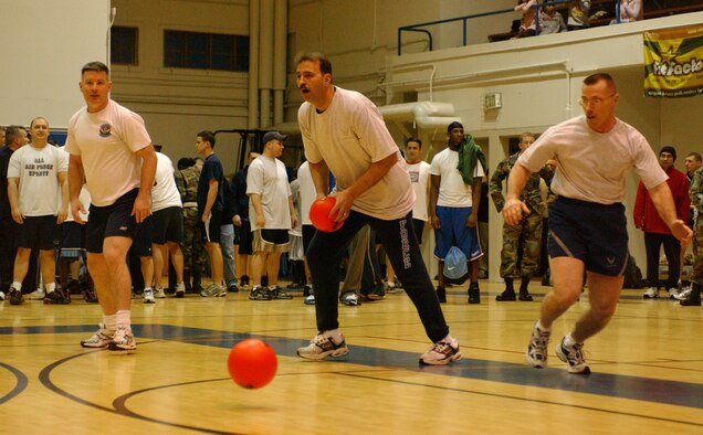 EIELSON AIR FORCE BASE, Alaska--Eielson Chiefs compete in a heated dodgeball match against the Eielson commanders on base at the fitness center Jan. 26. More than 400 Airmen and their families attended the X-Treme Winter Challenge hosted by the 354th Services Squadron and BASE 24/7. (U.S. Air Force photo by Senior Airman Rachel Walters)                        