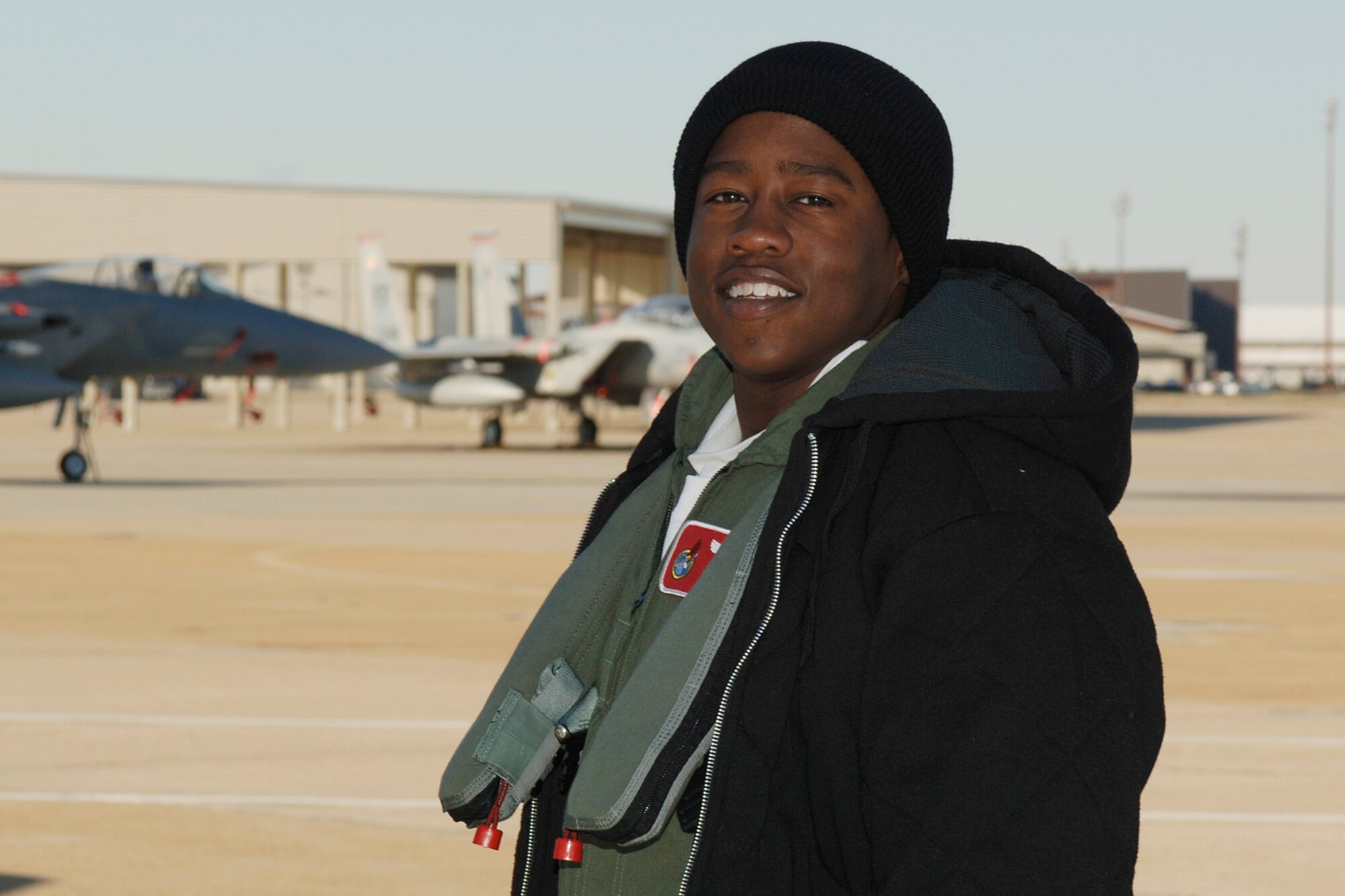 Barry Hicks, Boys & Girls Club of the Virginia Peninsula, was chosen to be a pilot for a day with the 71st Fighter Squadron Ironmen Foundation Day Jan. 26. Photo by Airman 1st Class Dawn Duman