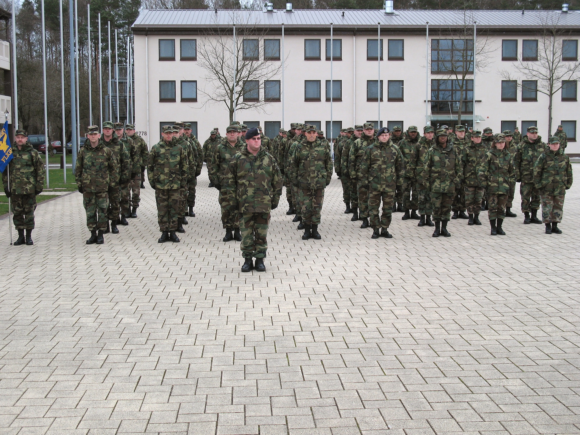 Students from Kisling NCO Academy Class 2007-2 stand in formation at a retreat ceremony Jan. 30 at Kapaun Air Station, Germany. In addition to learning about communication, leadership skills and the profession of arms, students also participate in ceremonies such as reveille and retreat. (U.S. Air Force photo/Staff Sgt. Greg Bluethmann)