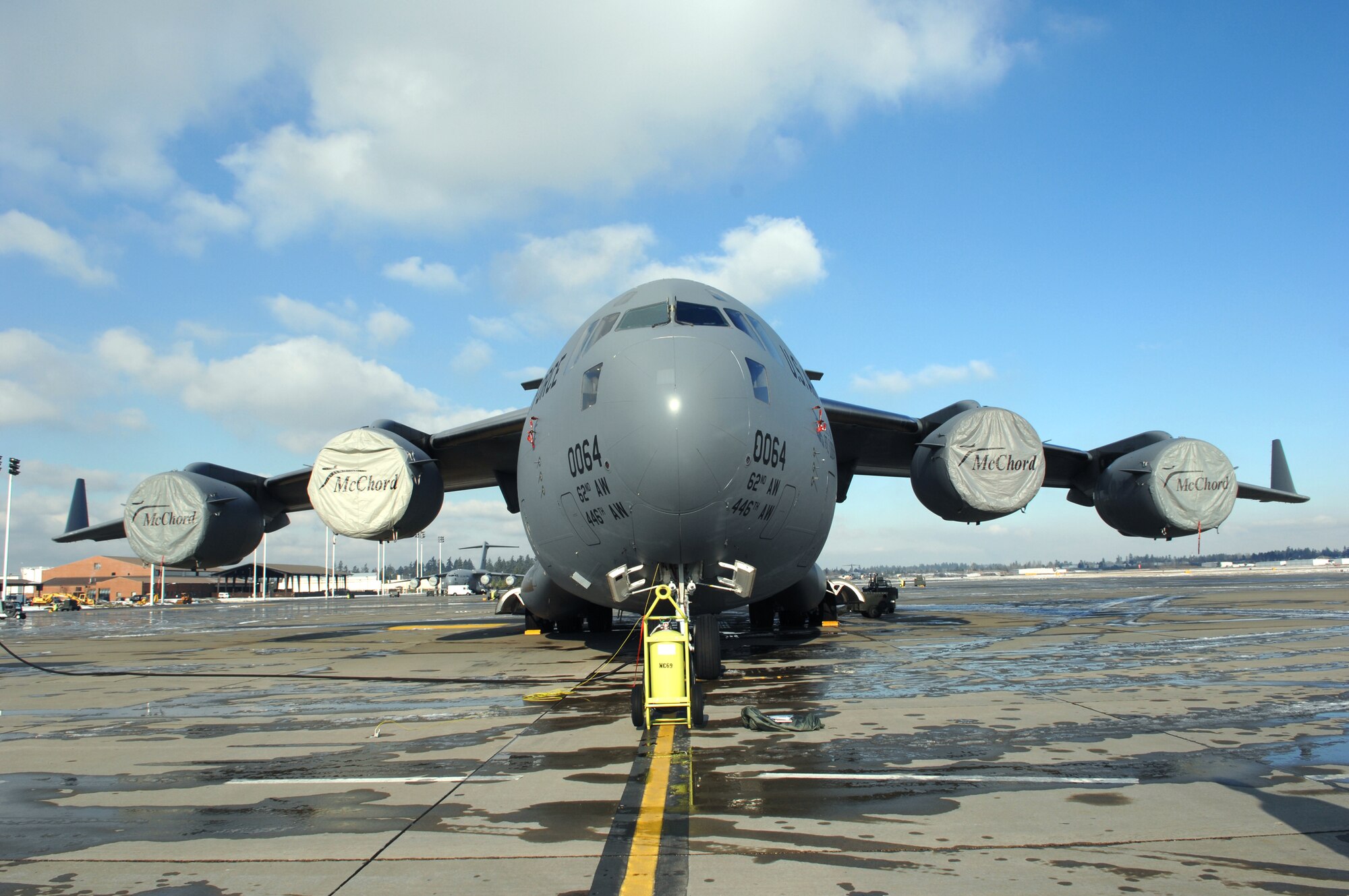 A C-17 Globemaster III sits on the fllightline Jan. 12 at McChord Air Force Base, Wash. Each day, hundreds of McChord AFB Airmen support the global airlift mission from locations around the world. (U.S. Air Force photo/Abner Guzman)