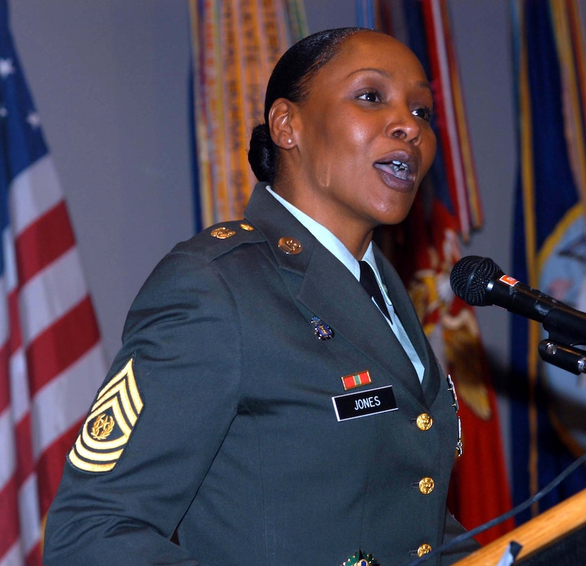 Command Sgt. Maj. Michele S. Jones, the first woman command sergeant major of the Army Reserve, praised women's service in the armed forces during a Veterans Day observance of the Women in Military Service for America Memorial Nov. 11. Photo by Rudi Williams